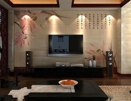 杭州君临天下城新中式风格荷花图案电视墙客厅装修效果图